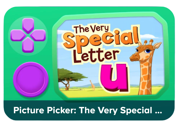 App icon for 'Picture Picker: The Very Special Letter U' featuring purple game controls and a giraffe on a green background.