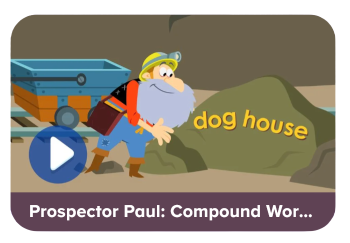 Video thumbnail: cheerful prospector beside a mining cart and a mound labeled 'dog house', with a play button overlayed indicating playback