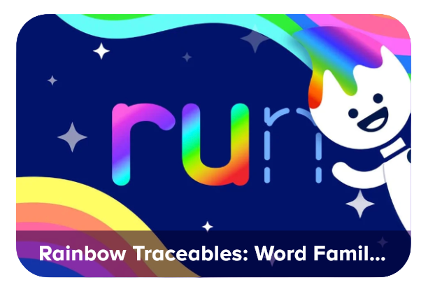 Banner for Rainbow Traceables: Word Family, featuring colorful rainbow letters, a smiling white cartoon character, and a dark starry background.