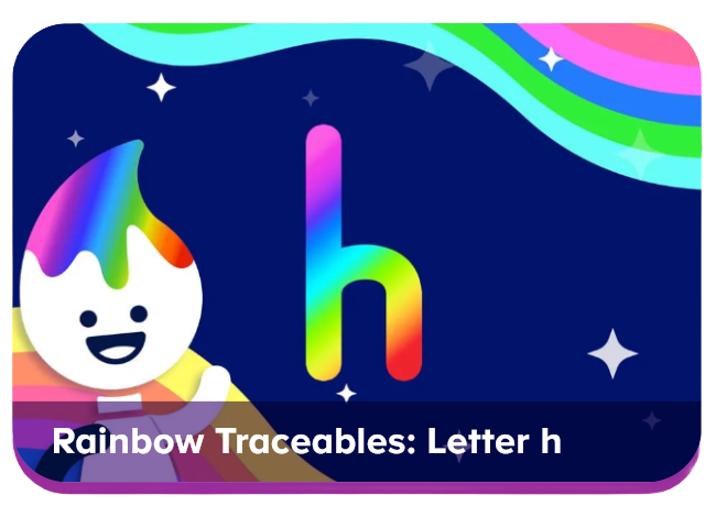Educational illustration for learning the letter h: a rainbow-colored lowercase 'h' on a dark blue background with a smiling white character and colorful rainbow accents; includes the caption 'Rainbow Traceables: Letter h'