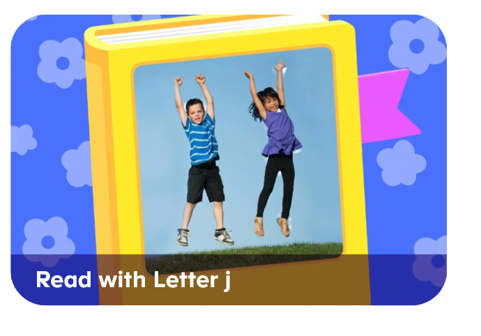 Bright educational banner with two kids jumping beside a large yellow book; overlay text reads 'Read with Letter j', promoting learning the letter J.