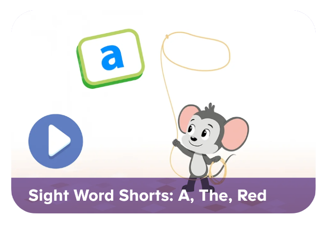 Cartoon mouse skipping rope beside a blue play button and a green-framed 'a' tile; caption reads 'Sight Word Shorts: A, The, Red'