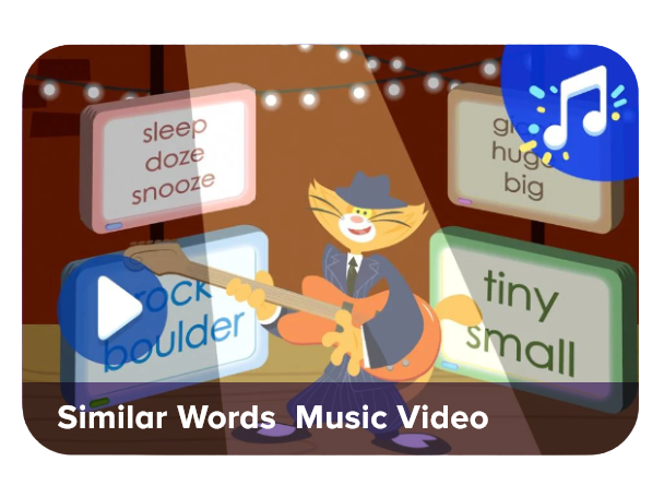 Cartoon cat in a hat playing a guitar on a stage with word boards showing similar words like sleep and snooze; blue play icon in corner