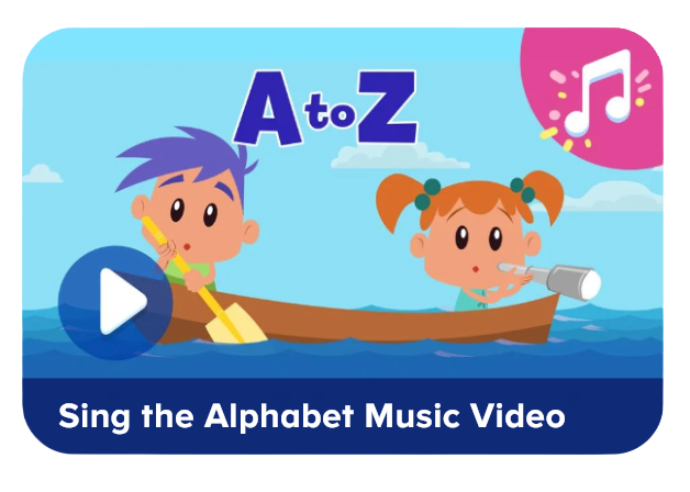 Cartoon of two children in a boat on blue water, singing the alphabet (A to Z) with a play icon overlay; caption reads 'Sing the Alphabet Music Video'.