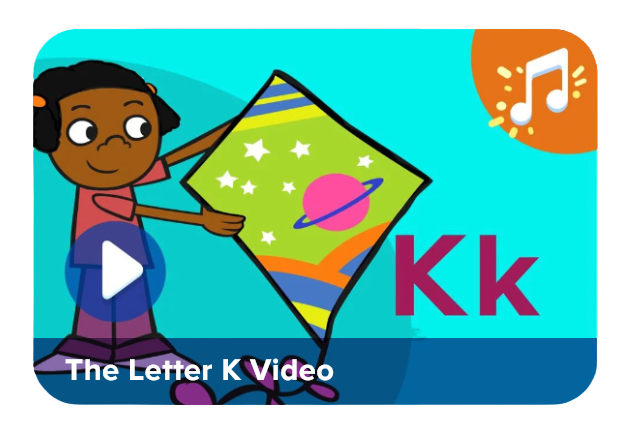 Cartoon girl holds up a colorful space-themed kite with planets and stars; large pink 'Kk' letters and a play button overlay; title 'The Letter K Video' on a blue background.