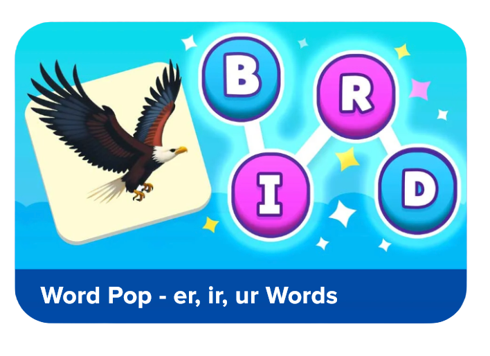 Promo image for Word Pop - er, ir, ur Words app featuring an eagle on a tile and colorful letter bubbles forming the word BIRD.