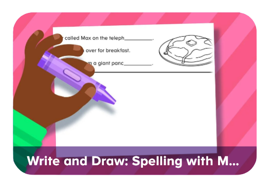 Child's hand holds a purple marker and writes on a spelling worksheet with a pancake illustration on a pink striped background.