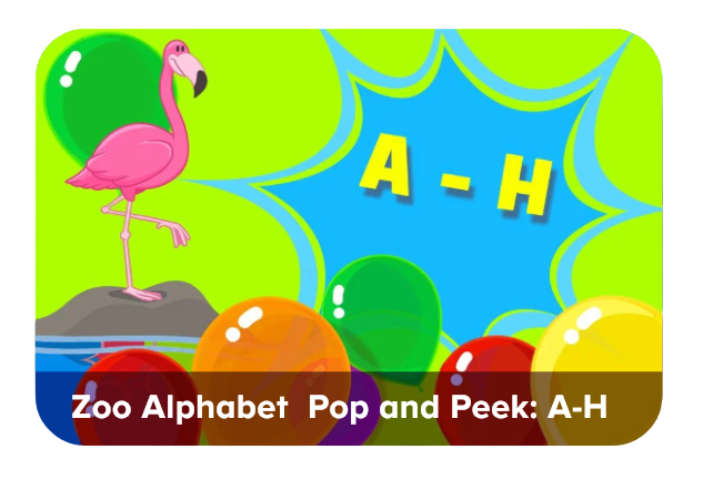 Cover art for 'Zoo Alphabet Pop and Peek: A-H' showing a pink flamingo on rocks, neon-green background, blue burst with A-H, and colorful balloons.