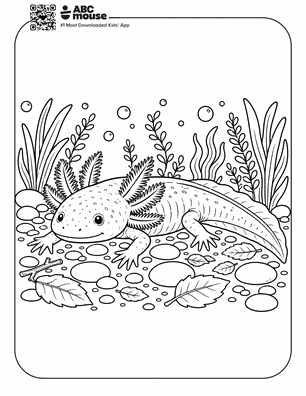 Realistic axolotl among river rocks and fallen leaves in a free printable axolotl coloring page from ABCmouse.com.