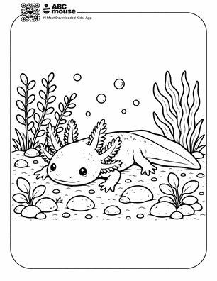 Realistic axolotl on a rocky pond floor in a free printable axolotl coloring page from ABCmouse.com.