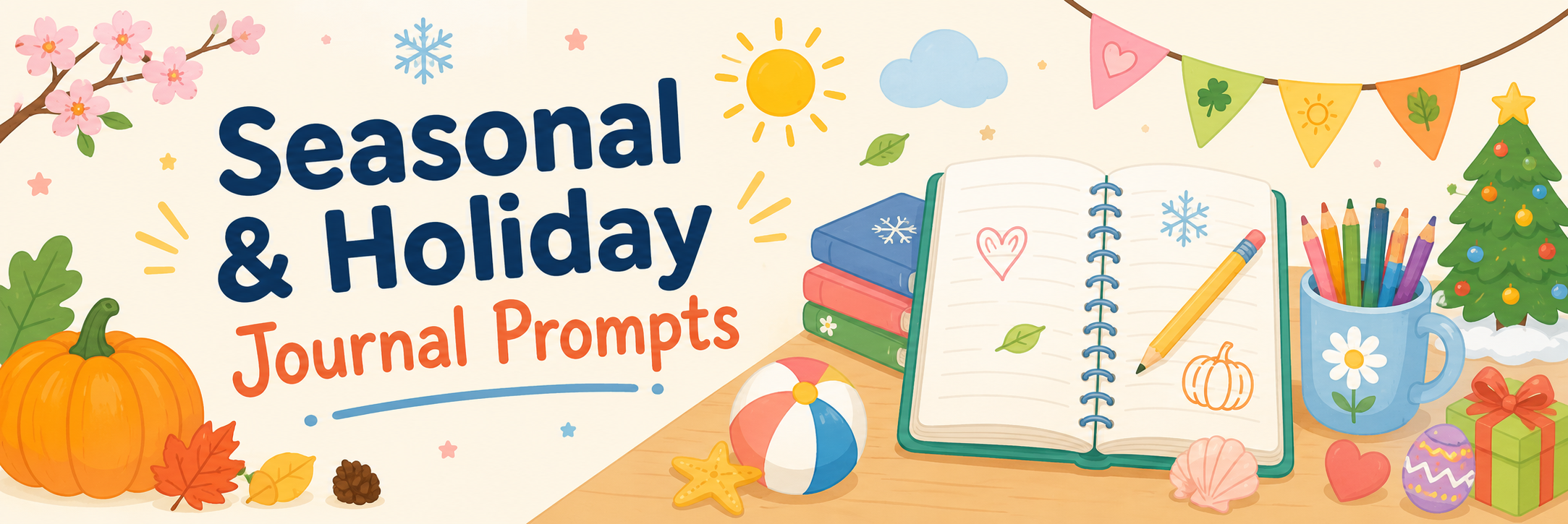 Banner saying 'Seasonal & Holiday Journal Prompts' with an open notebook, pencils, books, and festive decorations on a table.