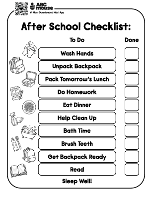 After-school checklist with To Do and Done columns, listing tasks such as wash hands, unpack backpack, homework, dinner, read, and sleep well.