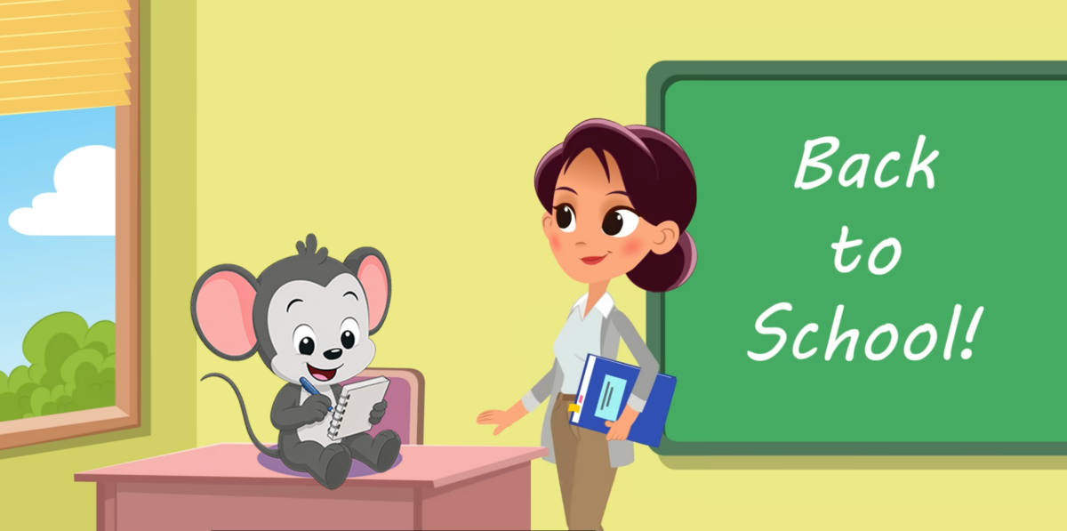 Cartoon classroom: teacher beside a green chalkboard that reads 'Back to School!' while a smiling mouse student takes notes at a pink desk.