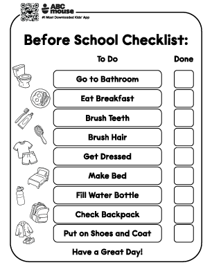 Before School Checklist with To Do and Done columns listing tasks like Go to Bathroom, Eat Breakfast, Brush Teeth, Brush Hair, Get Dressed, Make Bed, Fill Water Bottle, Check Backpack, Put on Shoes and Coat, Have a Great Day!