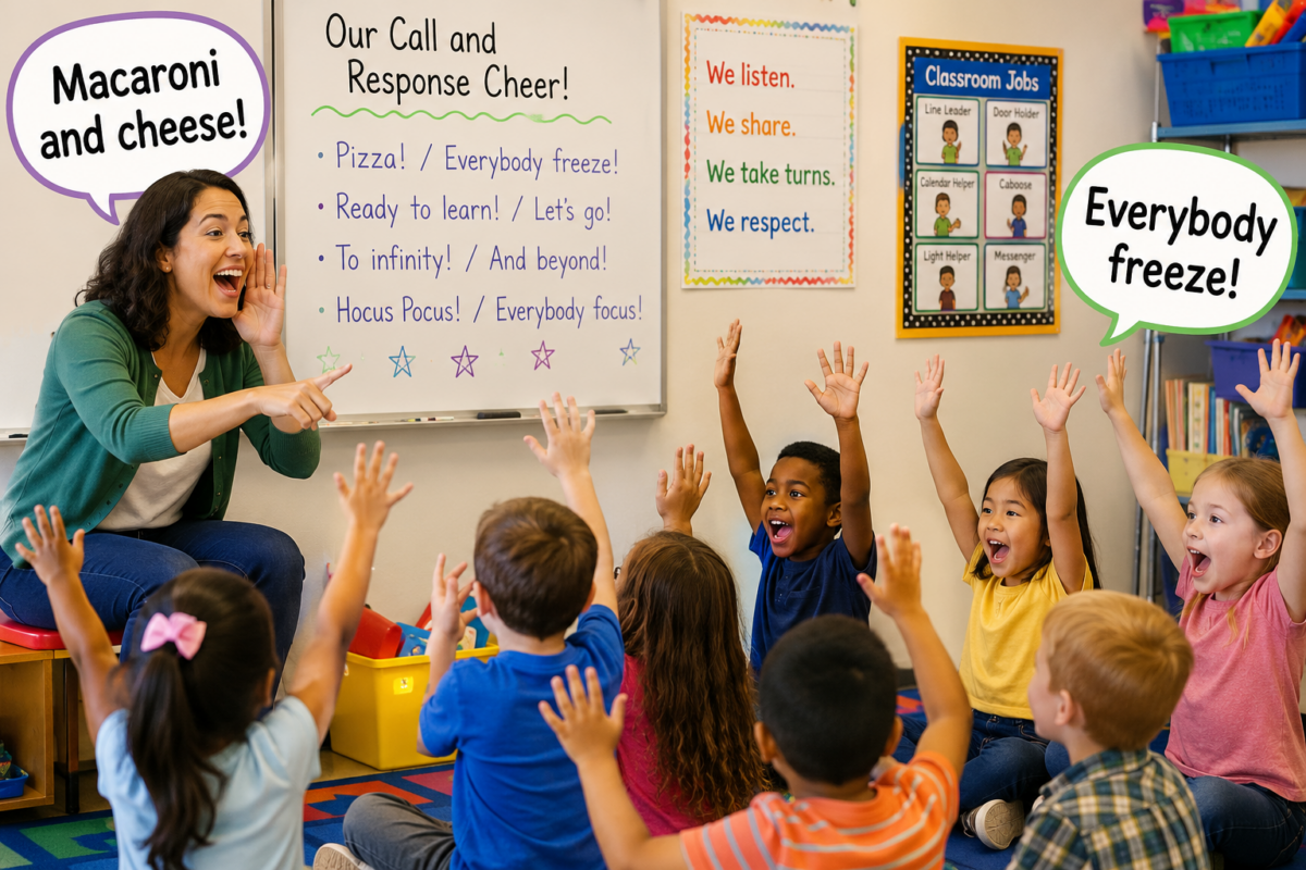 Teacher leads a lively classroom activity as students raise hands in unison; speech bubbles read 'Macaroni and cheese!' and 'Everybody freeze!'