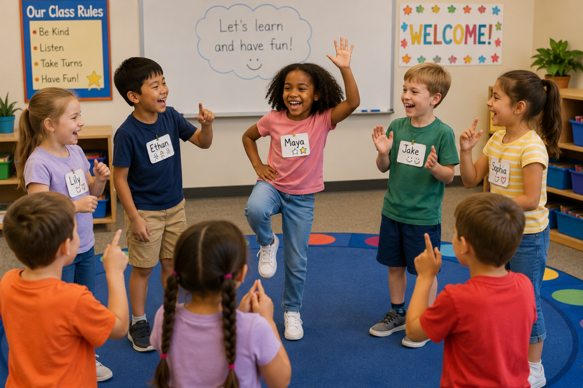 Group of six diverse elementary students standing in a circle in a colorful classroom; Maya in pink raises hand, others clap.