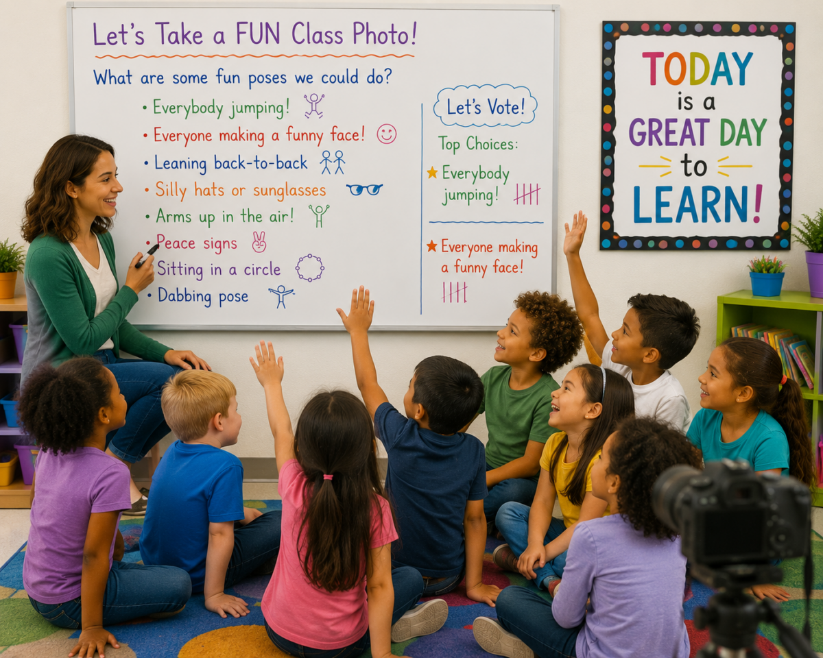 Teacher leads a diverse group of students in a classroom circle; many raise hands while a whiteboard shows fun pose ideas and a 'Let's Vote' section, with a colorful 'Today is a Great Day to Learn!' poster on the wall.