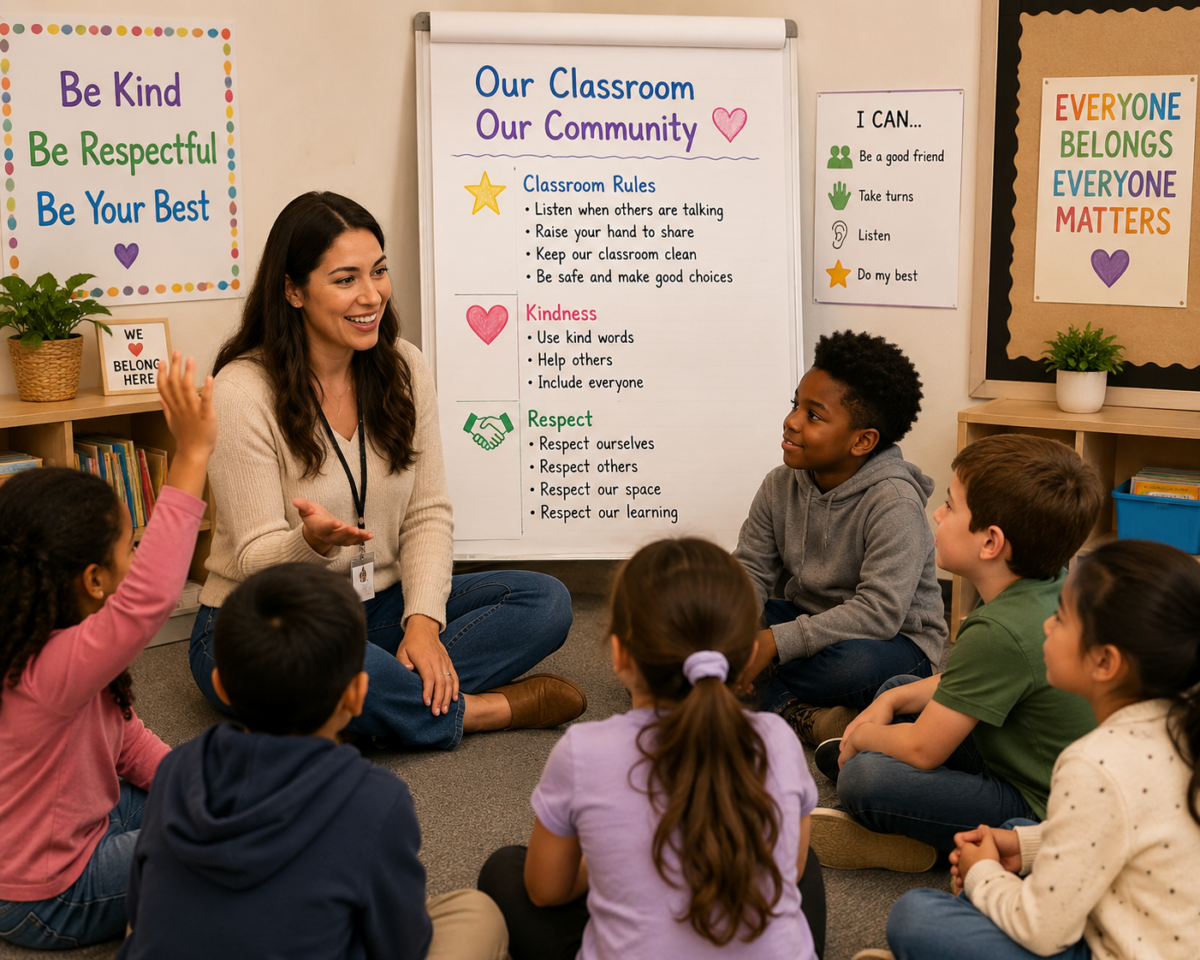 Teacher sits on the floor with students in a circle, leading a discussion beside a chart titled 'Our Classroom Our Community'.