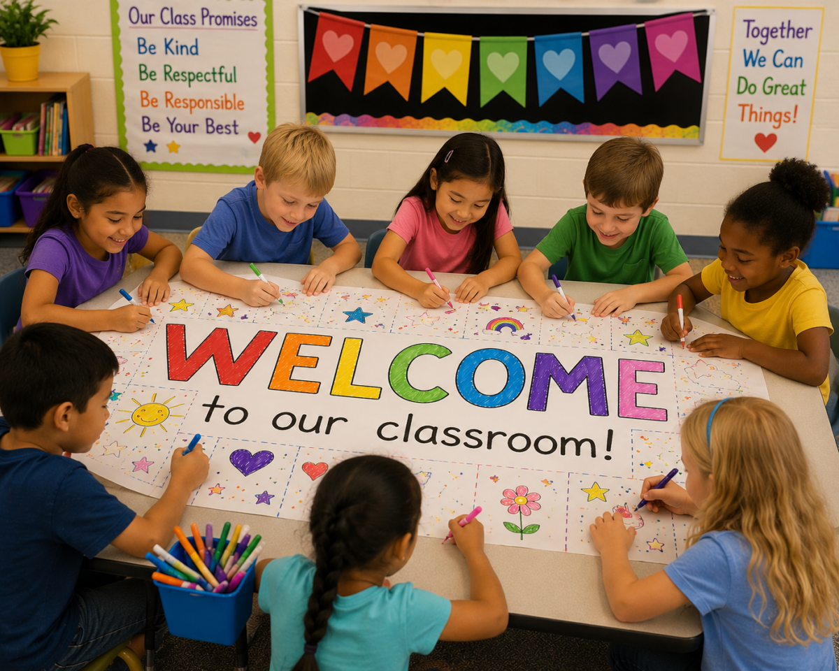 Group of diverse children coloring a large welcome banner that reads 'WELCOME to our classroom!'