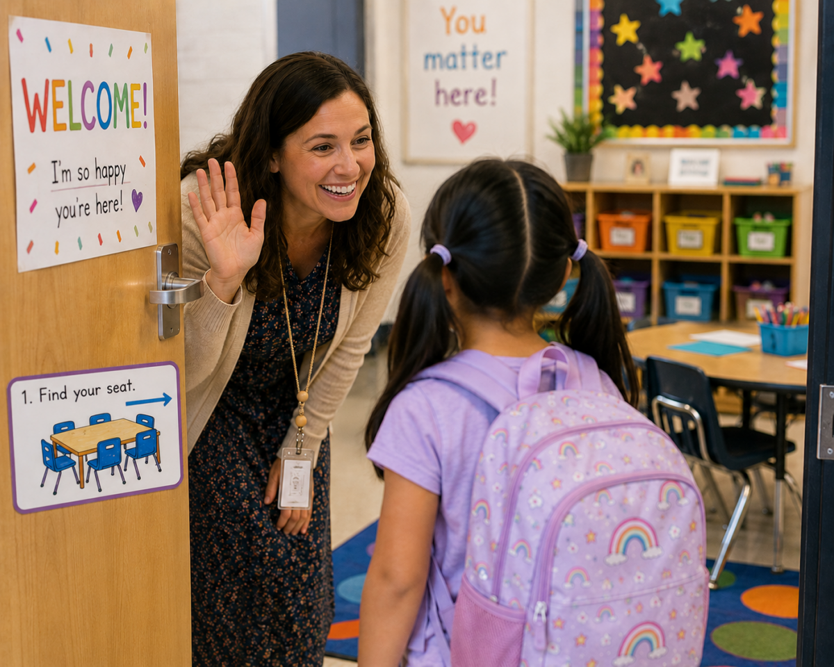 Teacher crouches to greet a girl at the classroom door; a colorful 'Welcome!' sign is visible, with a cheerful classroom in the background.