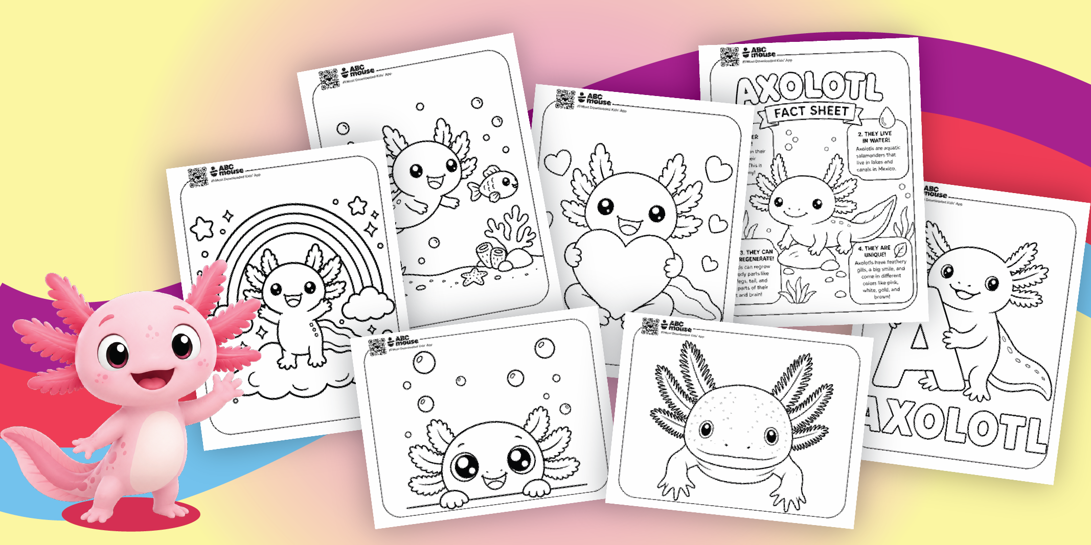 Coloring pages featuring cute axolotl characters and a pink 3D axolotl mascot on a bright gradient backdrop.