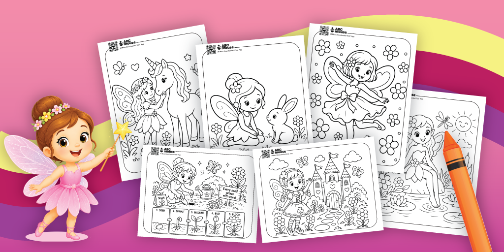 Young fairy character with wand beside a spread of coloring pages featuring unicorns, fairies, and a castle against a colorful background, inviting coloring.