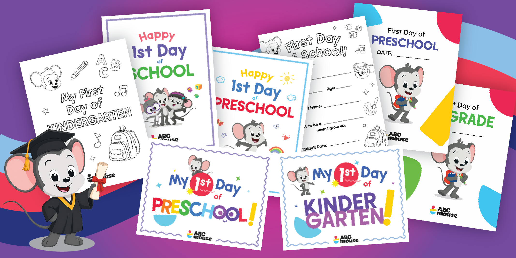 Collage of A-B-C Mouse school themed cards and a graduate mouse, promoting first day of kindergarten/preschool activities and printables.