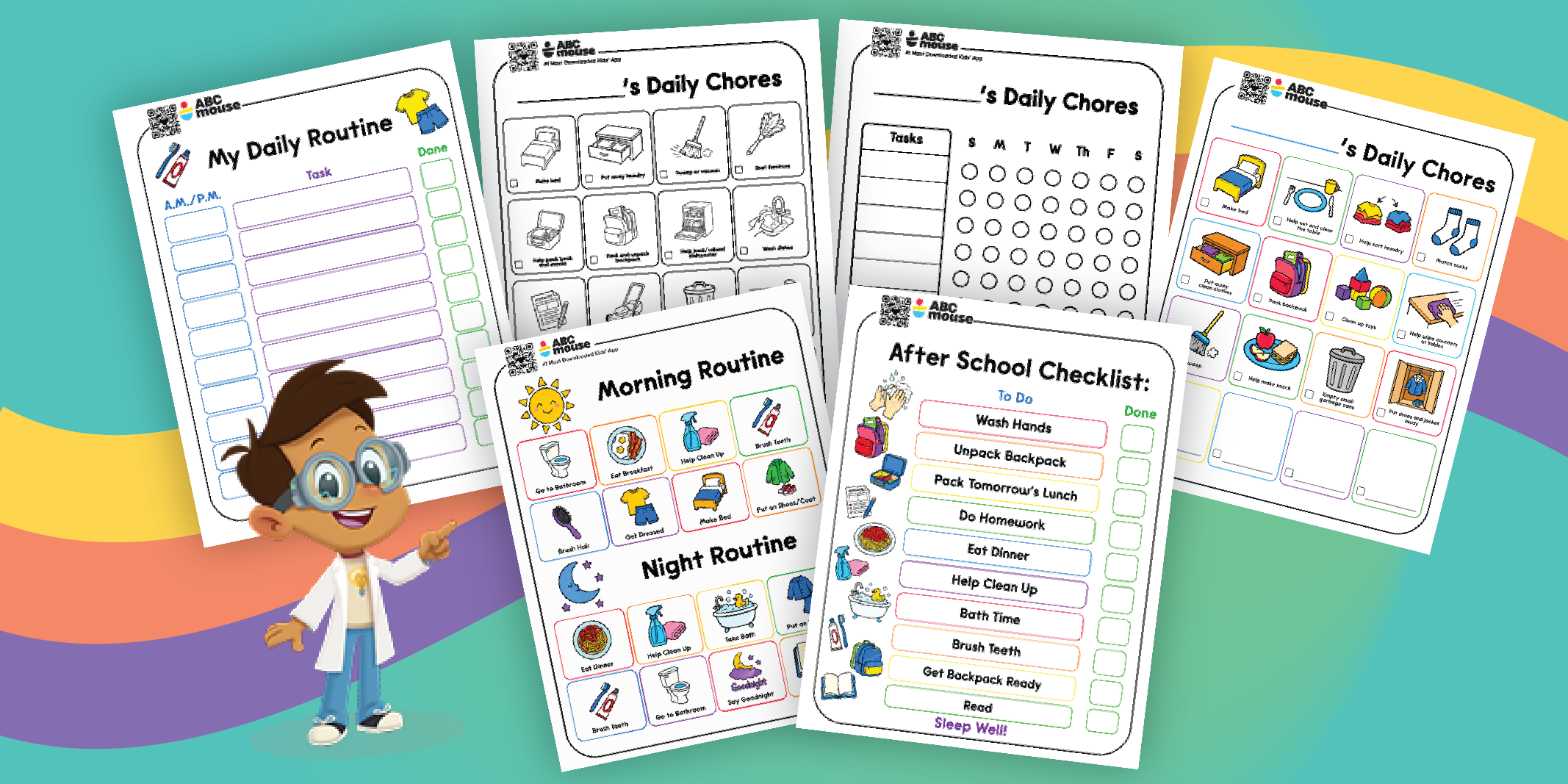 Collection of colorful kids' chore charts and routines (Morning/Night/Afternoon) with icons, checkboxes, and a cartoon scientist mascot (ABCmouse).