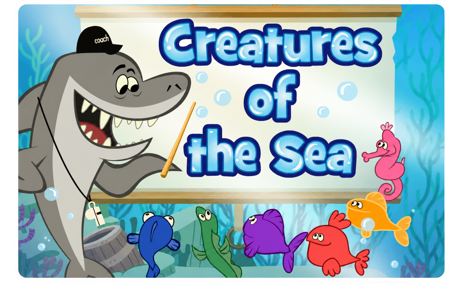'Creatures of the Sea' ABCmouse game thumbnail with cartoon shark pointing to a school of fish and aquatic creatures.