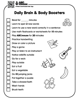 Checklist page titled Daily Brain & Body Boosters with checkboxes for activities (read, spell, use flashcards, handwriting, drawing, games) and small doodles of a guitar, banana, and puzzle pieces for context to check off as you go.