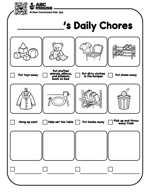 Daily chores checklist page with icons for putting toys away, tidying stuffed animals, dirty clothes in a hamper, and other tasks to check off.