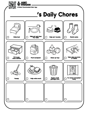 Printable 'Daily Chores' worksheet featuring a 4x4 grid of illustrated household tasks with short captions and checkable boxes for each chore.