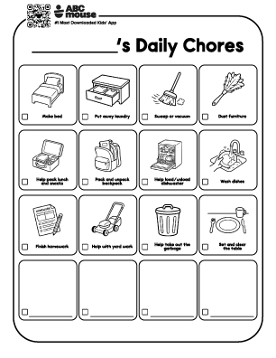Daily chores chart with icons representing common tasks (bed making, brushing, sweeping, dusting, washing dishes, packing lunch).