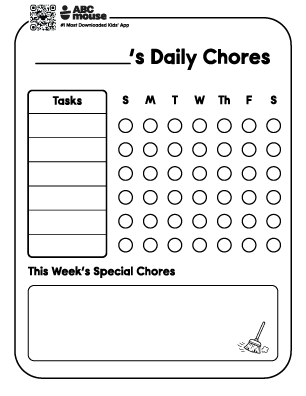 Chore chart worksheet: left Tasks list, right weekly grid of circles for Sun–Sat, plus a 'This Week's Special Chores' box with a small broom icon.