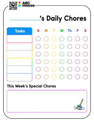 Front page of a weekly chore chart titled 'Daily Chores' with a blue 'Tasks' column on the left, empty task lines, and a color-coded calendar row of days (S M T W Th F S) with colored circles. Includes a 'This Week's Special Chores' section with a large purple-bordered box and a small broom illustration in the corner.