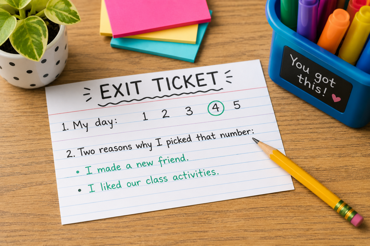 Exit ticket on a wooden desk with a pencil, plant, sticky notes, and a blue marker holder; number 4 circled in green.