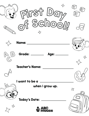 Free printable first day of school write-in coloring poster for kids from ABCmouse.com.