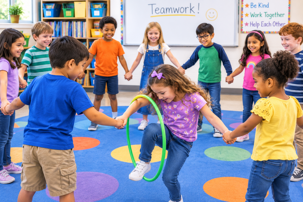 Group of diverse elementary kids holding hands in a circle around a girl using a green hoop in a colorful classroom.