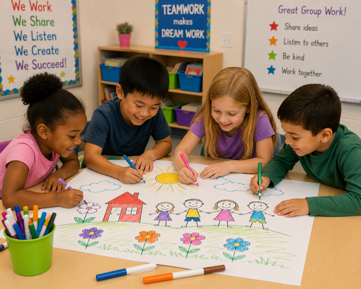 Four children sit around a table coloring a large poster with a sun, a red house, and flowers in a bright outdoor scene.