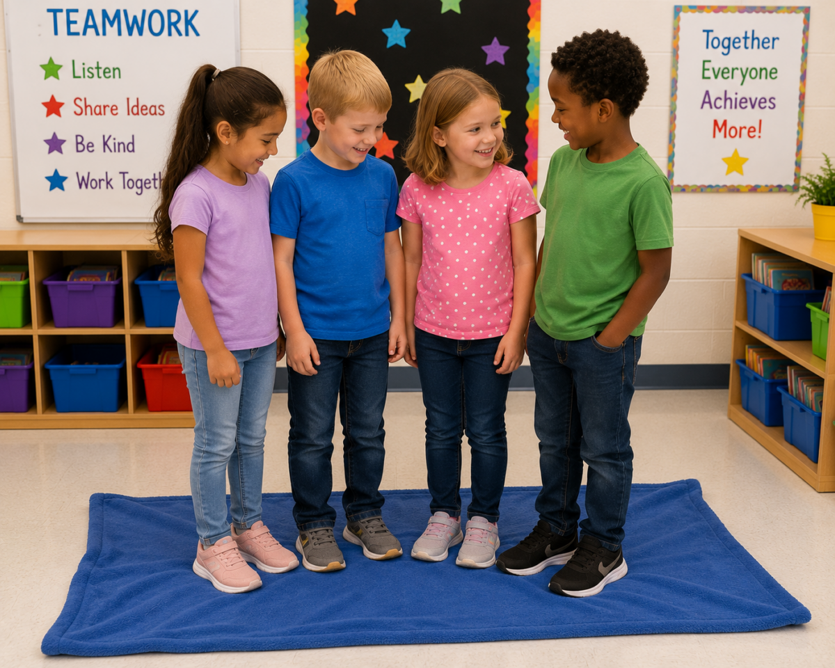 Four children stand on a blue mat in a classroom, smiling at each other with colorful posters about teamwork on the wall behind them.