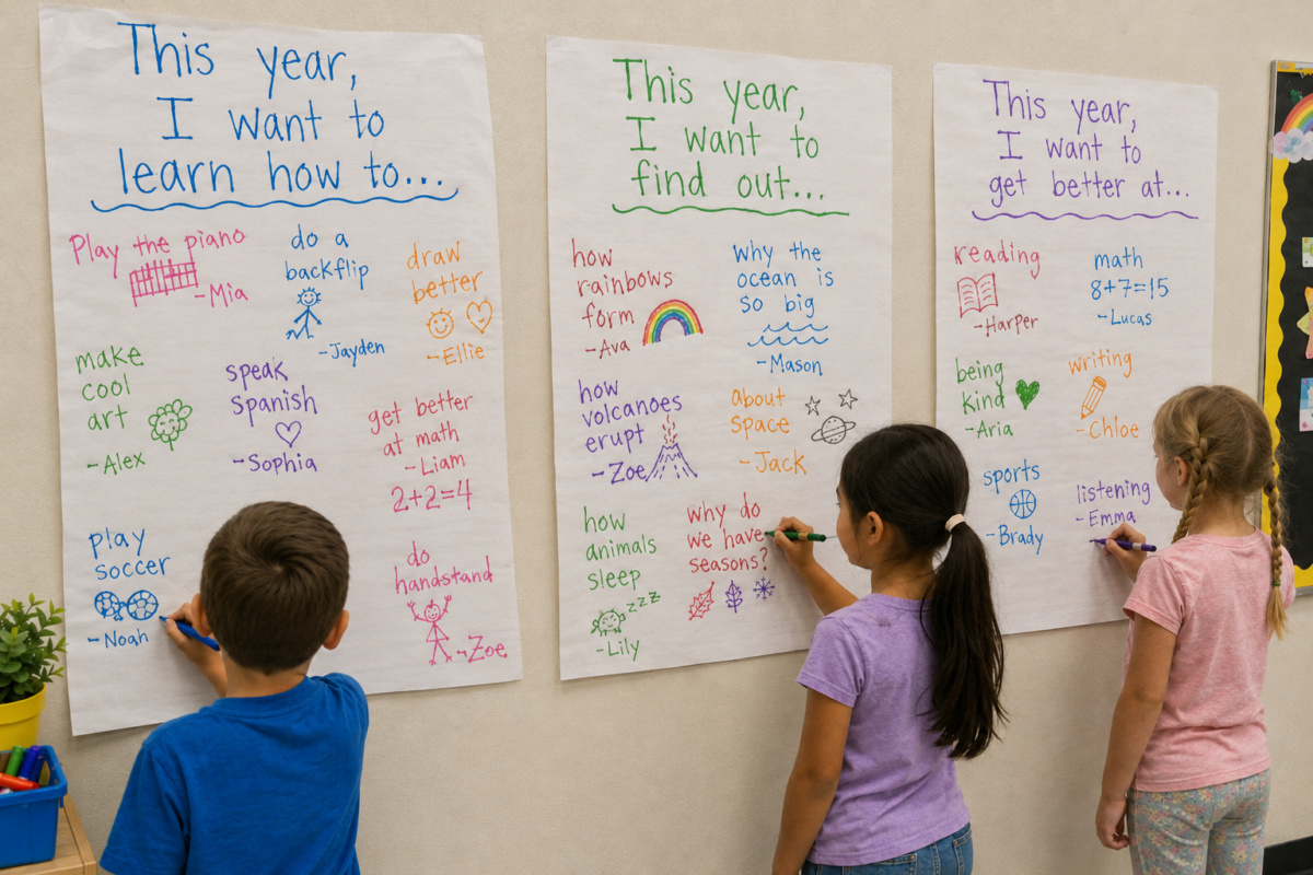 Three large posters on a wall list kids' year goals with drawings, while three children write on them with markers.