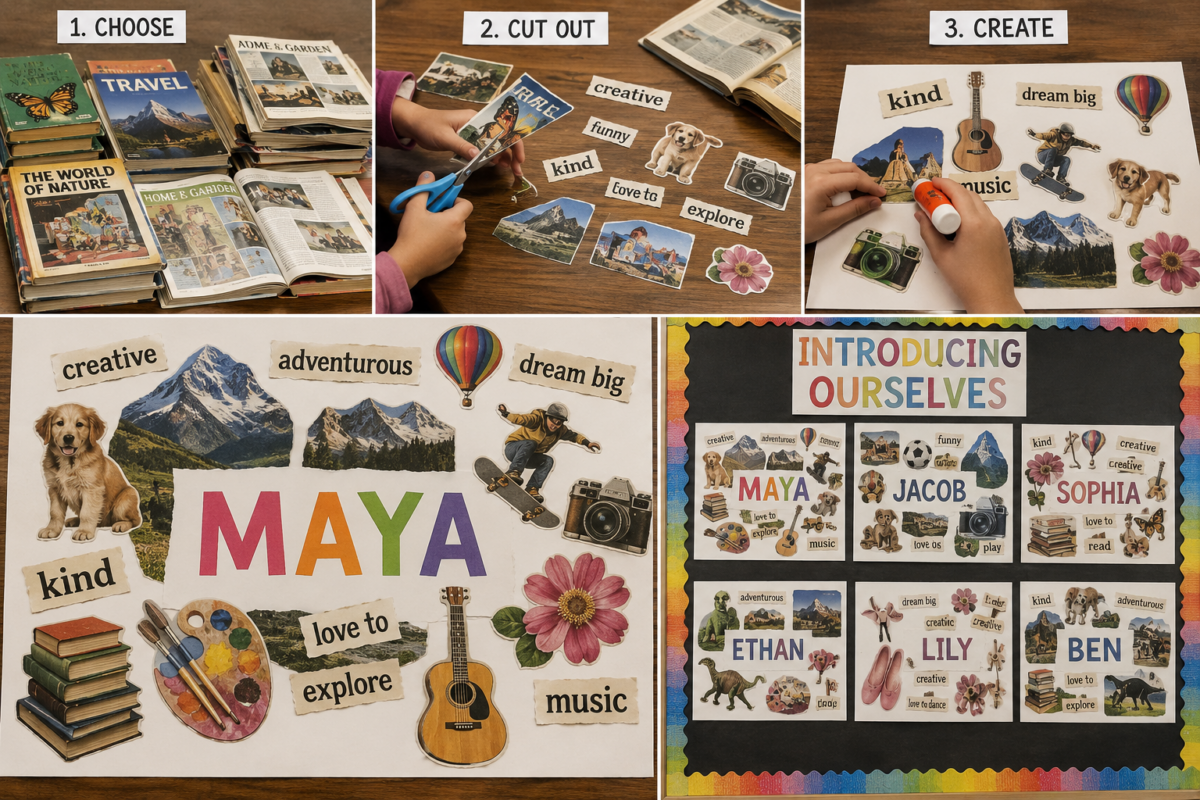 A classroom collage project showing steps to introduce ourselves with cut-outs, photos, and a big colorful name 'MAYA'.