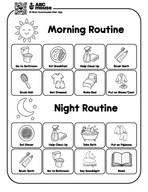 Poster titled Morning Routine and Night Routine showing a grid of illustrated steps with captions. Morning steps include actions like go to bathroom, eat breakfast, brush teeth, and tidy up; Night steps include eat dinner, take a bath, put on pajamas, brush teeth, put on shoes or read, say goodnight and read. Visuals are child-friendly line drawings with a sun icon for morning and a moon for night.