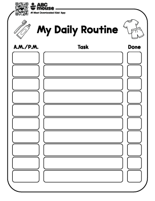 Printable daily routine chart titled 'My Daily Routine' with columns for A.M./P.M., Task, and Done, and many blank rows with checkboxes on the right to mark completion.
