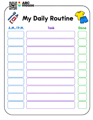 Poster-style daily routine chart titled 'My Daily Routine' with A.M./P.M., Task and Done columns, fillable blue/purple fields and green checkboxes.