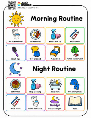 Two-column poster of a kid's Morning Routine and Night Routine with labeled icons for actions like Go to Bathroom, Eat Breakfast, Brush Teeth, Brush Hair, Get Dressed, Make Bed, Put on Shoes/Coat, and Night chores such as Eat Dinner, Take Bath, Put on Pajamas, Say Goodnight, Read.