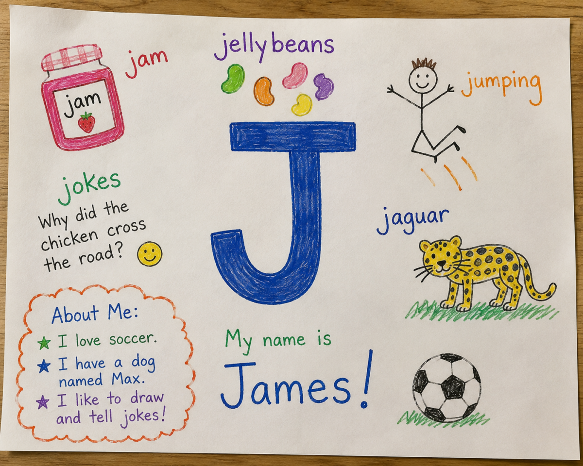 Colorful poster introducing James with a large blue J and playful drawings (jam jar, jelly beans, jumping figure, jaguar, soccer ball) and an About Me section for a child’s project.