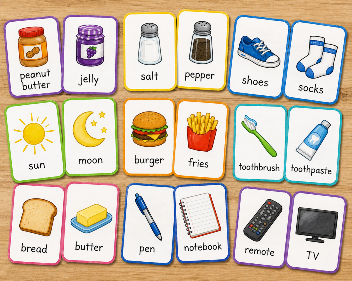 Row of colorful flash cards showing pictures and labels for everyday items (food, clothing, and objects).