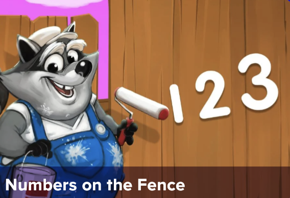 Cartoon wolf in blue overalls holding a paint roller, painting the numbers 1, 2, and 3 on a wooden fence with a purple sky background.