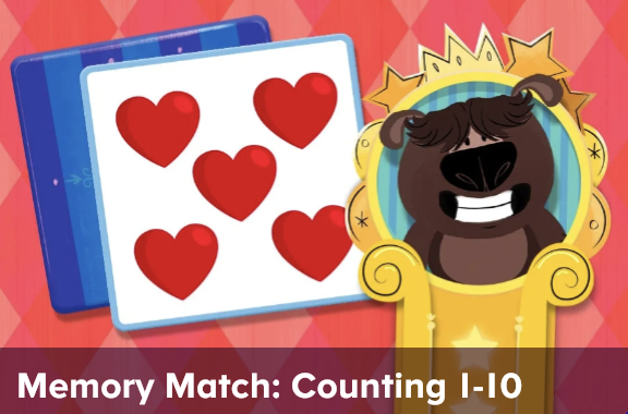 Colorful memory game cards with red hearts and a cartoon bull in a gold trophy; banner reads 'Memory Match: Counting 1-10'